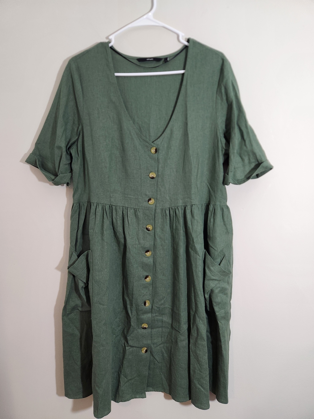 Crunchy Earth Mama Green Button-down Linen Dress Natural Granola Pockets Summer